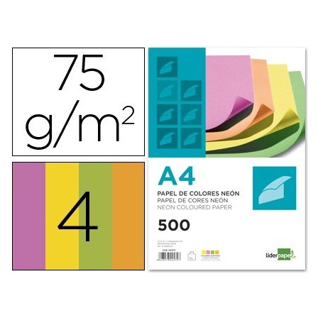 PAPEL COLOR LIDERPAPEL A4 75G/M2 NEON 4 COLORES SURTIDOS PAQUETE DE...