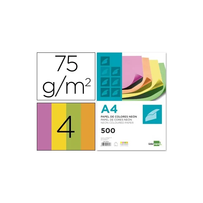 PAPEL COLOR LIDERPAPEL A4 75G/M2 NEON 4 COLORES SURTIDOS PAQUETE DE...