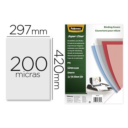 TAPA DE ENCUADERNACION FELLOWES DIN A3 PVC TRANSPARENTE CRISTAL 200...