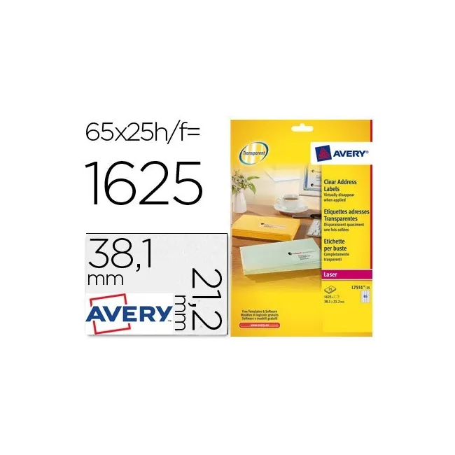 ETIQUETA ADHESIVAS AVERY DIN A4 IMPRIMIBLES TRANSPARENTE 38,1X21,2 ...