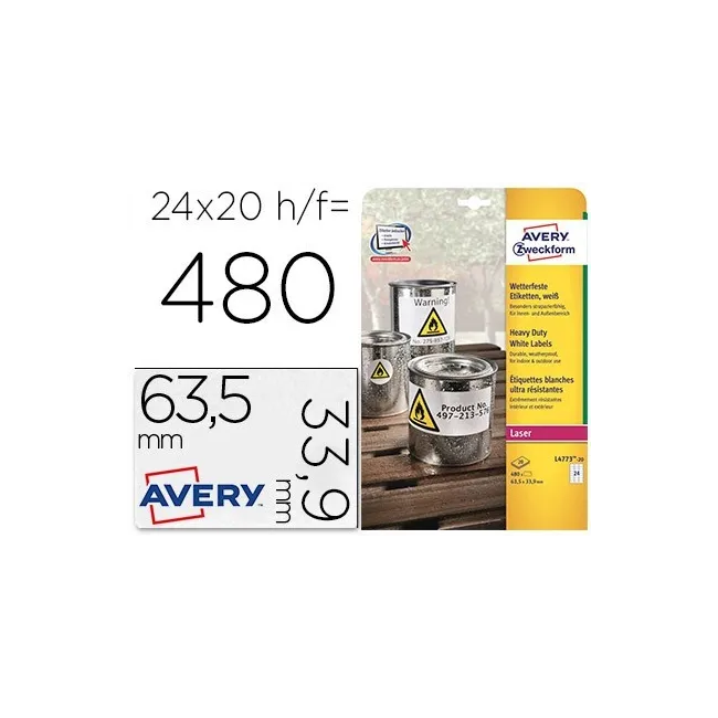 ETIQUETA ADHESIVA AVERY POLIESTER BLANCO 63,5X33,9 MM PARA IMPRESOR...