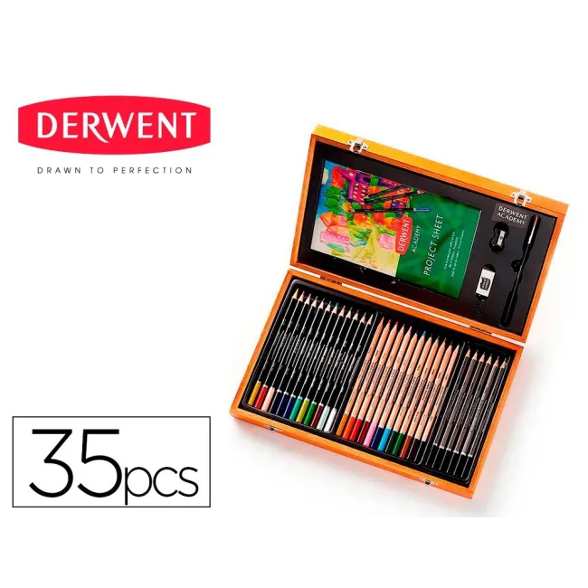 ESTUCHE DE PINTURA DERWENT ACADEMY MADERA LAPICES DE COLORES 35 PIEZAS