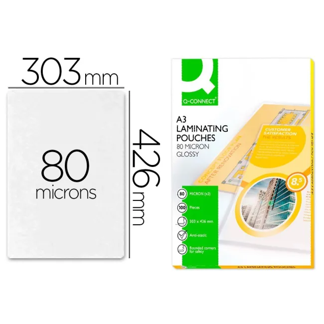 BOLSA DE PLASTIFICAR Q-CONNECT 303 X 426 MM 80 MC DIN A3 CAJA DE 10...