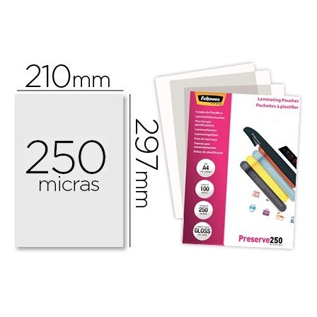 BOLSA DE PLASTIFICAR FELLOWES BRILLO DIN A4 250 MICRAS PACK DE 100 ...