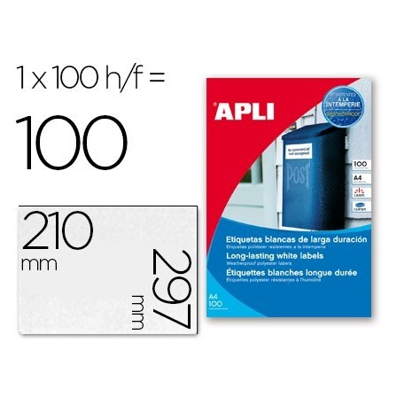 ETIQUETAS ADHESIVAS APLI 12121 TAMAÑO 210X297 MM POLIESTER RESISTEN...