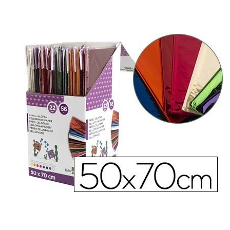 PAPEL CELOFAN LIDERPAPEL 50X70 EXPOSITOR 56 BOLSAS DE 5 HOJAS 8 COL...