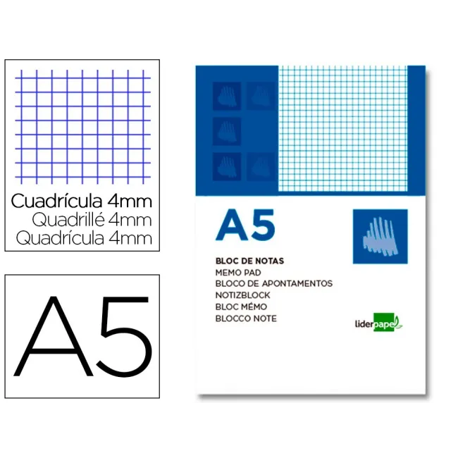 BLOC NOTAS LIDERPAPEL CUADRO 4MM A5 80 HOJAS 60G/M2 PERFORADO