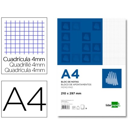 BLOC NOTAS LIDERPAPEL CUADRO 4MM A4 80 HOJAS 60G/M2