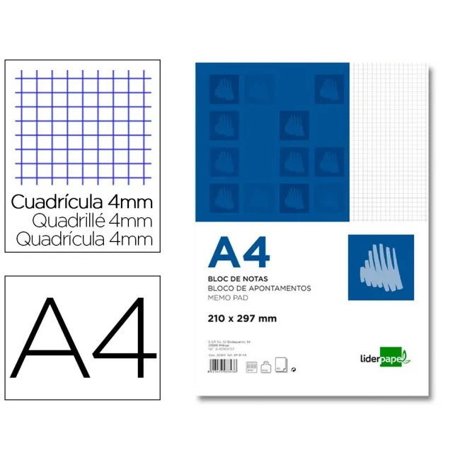 BLOC NOTAS LIDERPAPEL CUADRO 4MM A4 80 HOJAS 60G/M2
