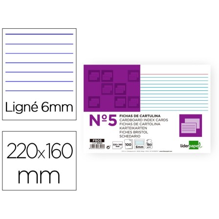 FICHA LIDERPAPEL RAYADA No.5 160X220MM PAQUETE DE 100 180G