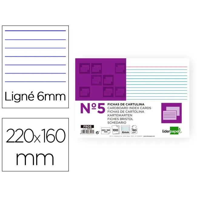 FICHA LIDERPAPEL RAYADA No.5 160X220MM PAQUETE DE 100 180G