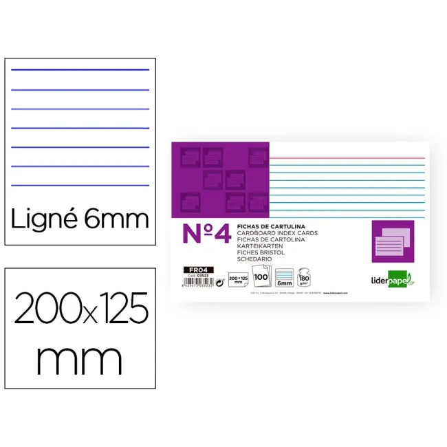 FICHA LIDERPAPEL RAYADA No.4 125X200MM PAQUETE DE 100 180G
