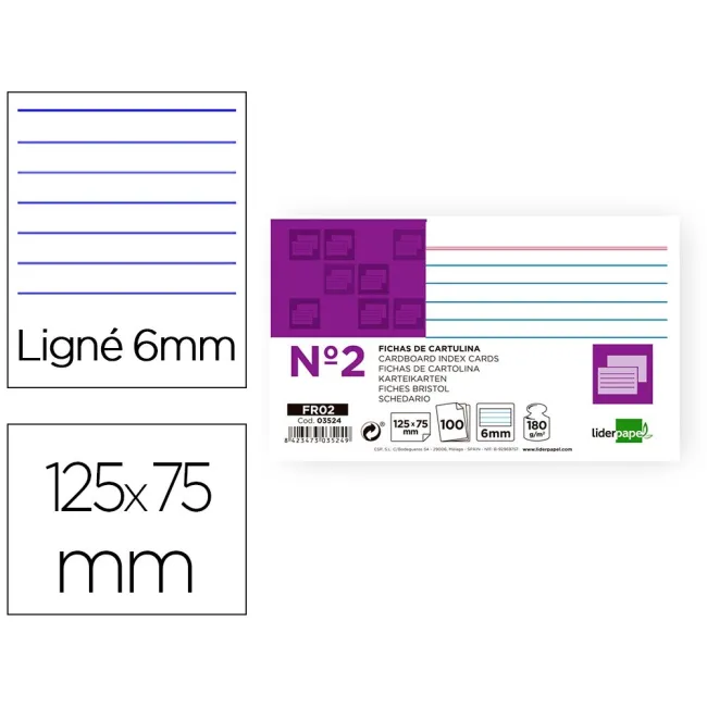 FICHA LIDERPAPEL RAYADA No.2 75 X 125MM PAQUETE DE 100 180G