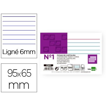 FICHA LIDERPAPEL RAYADA No.1 65 X 95MM PAQUETE DE 100 180G