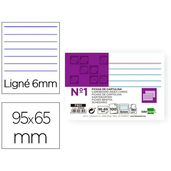 FICHA LIDERPAPEL RAYADA No.1 65 X 95MM PAQUETE DE 100 180G