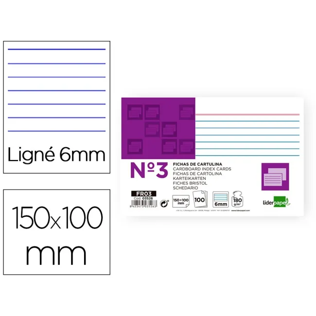 FICHA LIDERPAPEL RAYADA No.3 100X150MM PAQUETE DE 100 180G