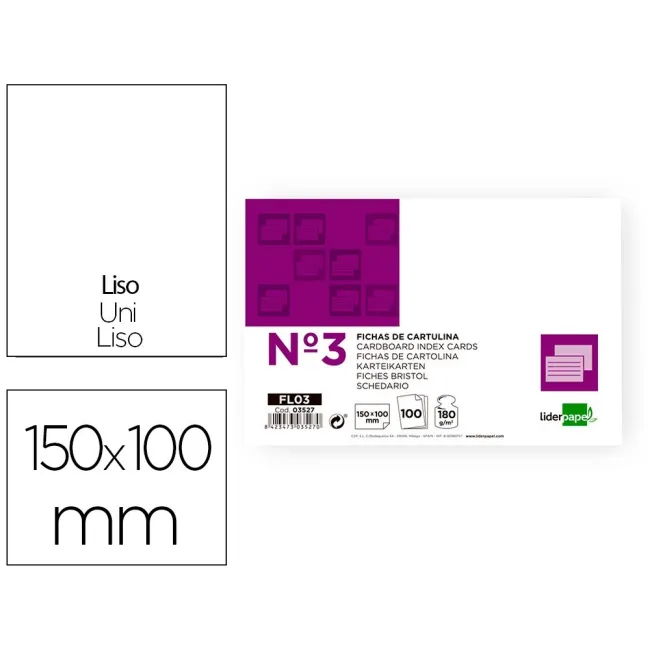 FICHA LIDERPAPEL LISA No.3 100X150MM PAQUETE DE 100 180G