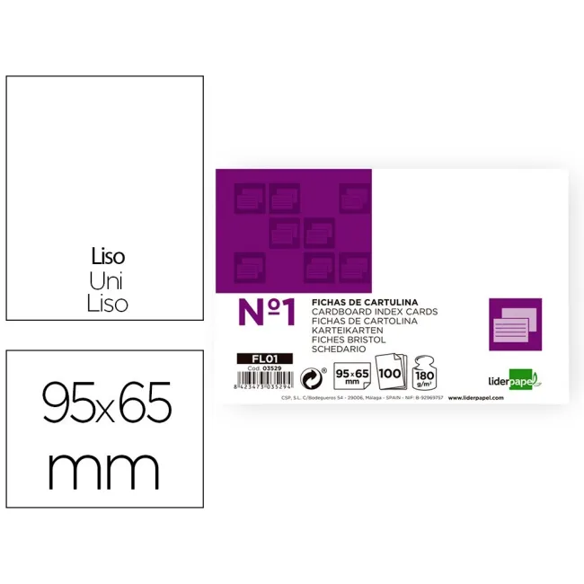FICHA LIDERPAPEL LISA No.1 65X95MM PAQUETE DE 100 180G