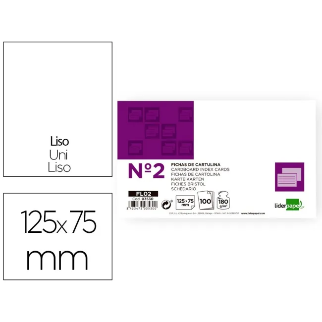 FICHA LIDERPAPEL LISA No.2 75 X 125MM PAQUETE DE 100 180G