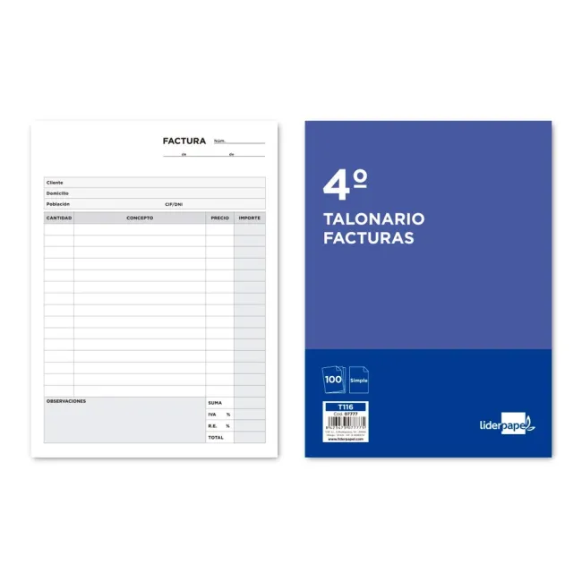 TALONARIO LIDERPAPEL FACTURAS CUARTO -CON IVA- 116