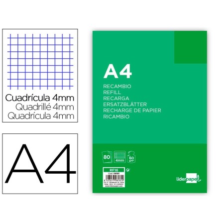RECAMBIO LIDERPAPEL FOLIO 80 H 4TF-01-8 CUADRO 4 MM 4 TALADROS CON ...