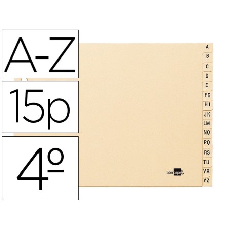 INDICE ALFABETICO LIDERPAPEL CARTULINA PARA ARCHIVADOR 15 POSICIONES A-Z CUARTO APAISADO