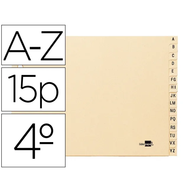 INDICE ALFABETICO LIDERPAPEL CARTULINA PARA ARCHIVADOR 15 POSICIONES A-Z CUARTO APAISADO