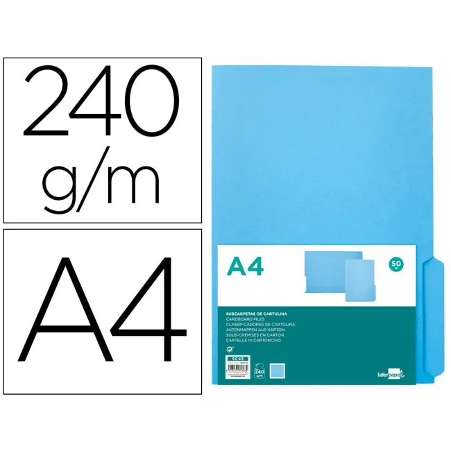 SUBCARPETA CARTULINA LIDERPAPEL DIN A4 PESTAÑA INFERIOR 240G/M2 AZUL