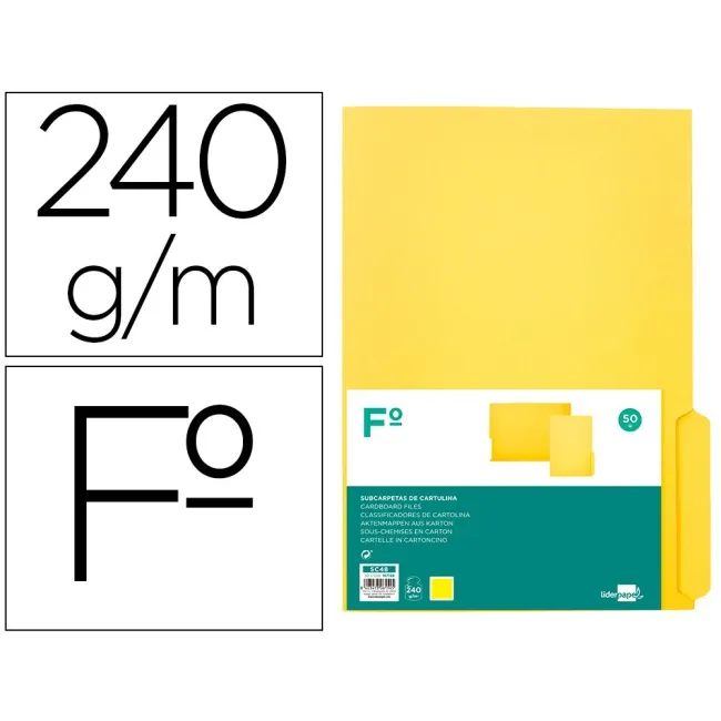 SUBCARPETA CARTULINA LIDERPAPEL FOLIO PESTAÑA INFERIOR 240G/M2 COLOR AMARILLO