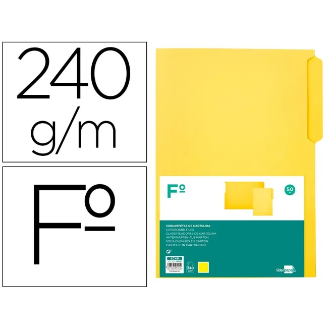 SUBCARPETA CARTULINA LIDERPAPEL FOLIO PESTAÑA SUPERIOR 240G/M2 COLOR AMARILLO