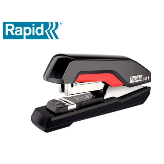 GRAPADORA RAPID SUPREME S50 PLASTICO CAPACIDAD DE GRAPADO 50 HOJAS USA GRAPAS 24/6-8+ Y 26/6-8+ COLOR NEGRO/ROJO