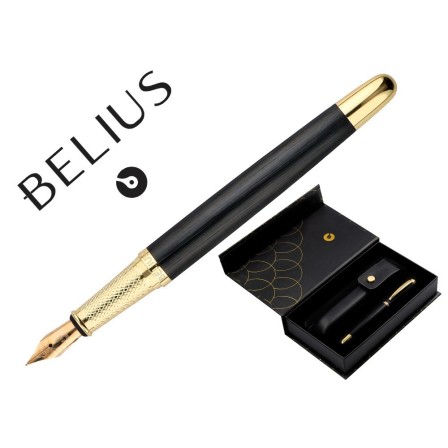 PLUMA Y ESTUCHE CUERO BELIUS PASSION DOR ALUMINIO TEXTURA CEPILLADA COLOR NEGRO Y DORADO TINTA AZUL CAJA DISEÑO