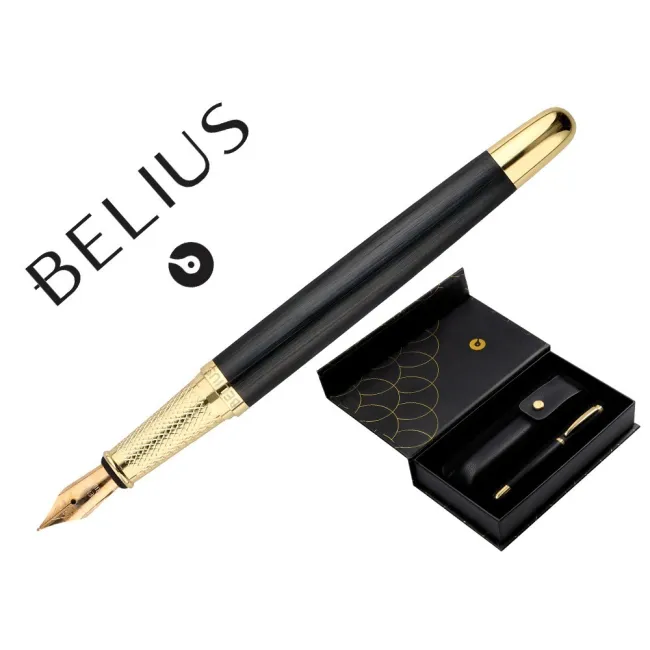 PLUMA Y ESTUCHE CUERO BELIUS PASSION DOR ALUMINIO TEXTURA CEPILLADA COLOR NEGRO Y DORADO TINTA AZUL CAJA DISEÑO