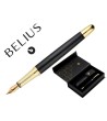 PLUMA Y ESTUCHE CUERO BELIUS PASSION DOR ALUMINIO TEXTURA CEPILLADA COLOR NEGRO Y DORADO TINTA AZUL CAJA DISEÑO