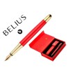 PLUMA Y ESTUCHE CUERO BELIUS PASSION DOR ALUMINIO TEXTURA CEPILLADA COLOR ROJO Y DORADO TINTA AZUL CAJA DE DISEÑO