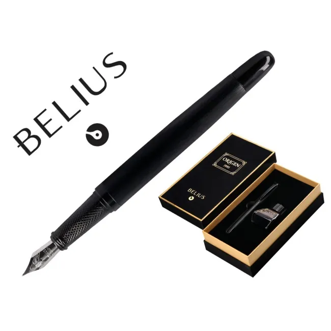 PLUMA Y FRASCO DE TINTA BELIUS ORIGEN 1995 ALUMINIO TEXTURA CEPILLADA COLOR NEGRO TINTA NEGRA CAJA DISEÑO
