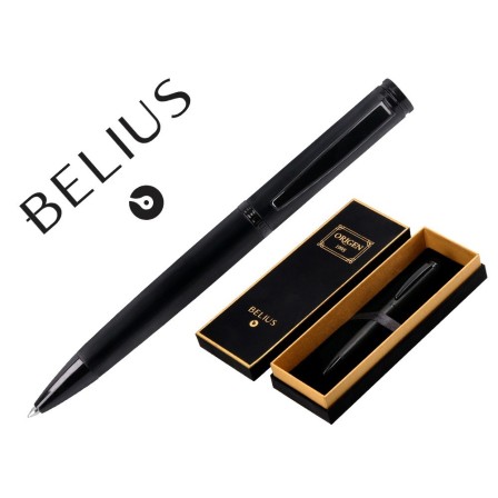 BOLIGRAFO BELIUS ORIGEN 1995 ALUMINIO TEXTURA CEPILLADA COLOR NEGRO TINTA AZUL CAJA DE DISEÑO