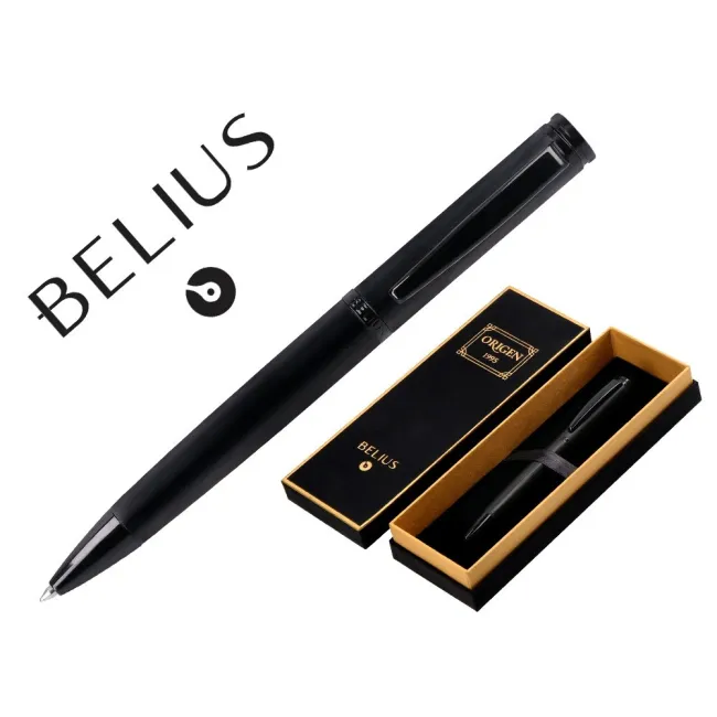 BOLIGRAFO BELIUS ORIGEN 1995 ALUMINIO TEXTURA CEPILLADA COLOR NEGRO TINTA AZUL CAJA DE DISEÑO