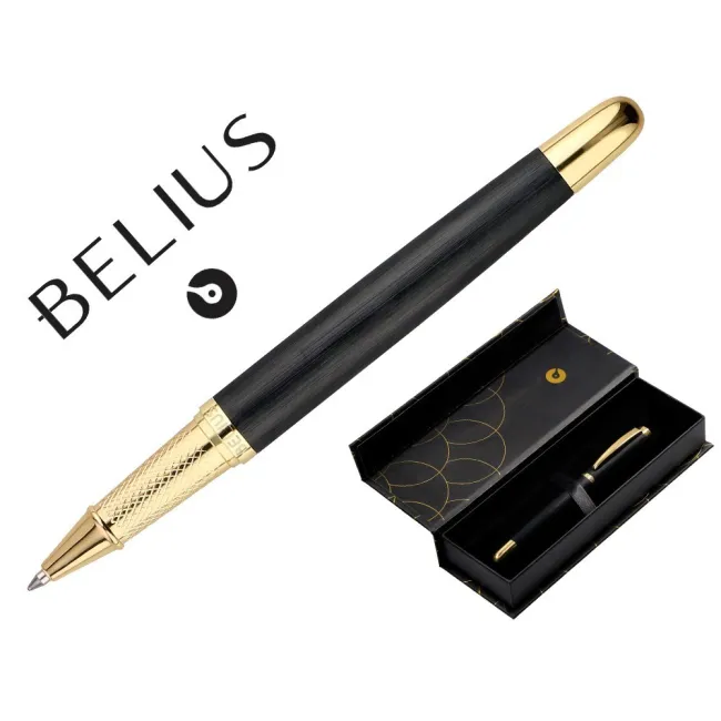 BOLIGRAFO BELIUS PASSION DOR ALUMINIO TEXTURA CEPILLADA COLOR NEGRO Y DORADO TINTA AZUL CAJA DE DISEÑO