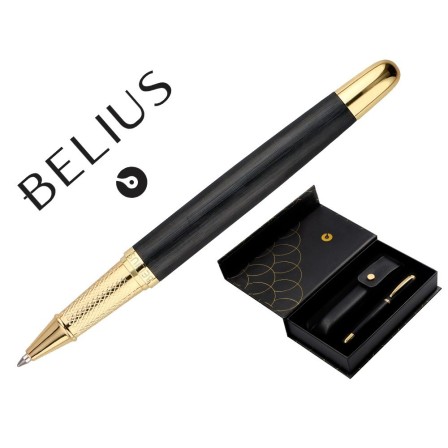 BOLIGRAFO Y ESTUCHE BELIUS PASSION DOR ALUMINIO TEXTURA CEPILLADA COLOR NEGRO Y DORADO TINTA AZUL CAJA DISEÑO