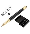 BOLIGRAFO Y ESTUCHE BELIUS PASSION DOR ALUMINIO TEXTURA CEPILLADA COLOR NEGRO Y DORADO TINTA AZUL CAJA DISEÑO