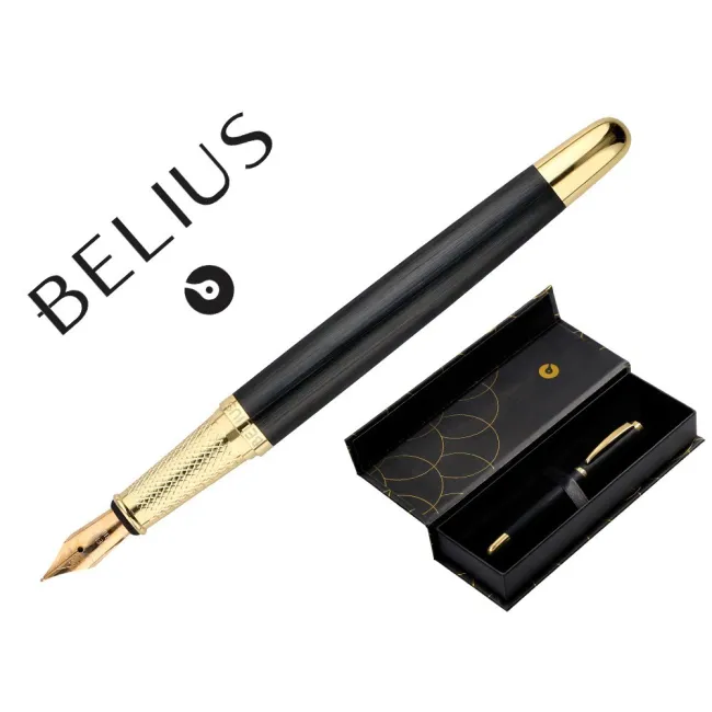 PLUMA BELIUS PASSION DOR ALUMINIO TEXTURA CEPILLADA COLOR NEGRO Y DORADO TINTA AZUL CAJA DE DISEÑO