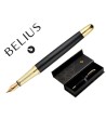 PLUMA BELIUS PASSION DOR ALUMINIO TEXTURA CEPILLADA COLOR NEGRO Y DORADO TINTA AZUL CAJA DE DISEÑO