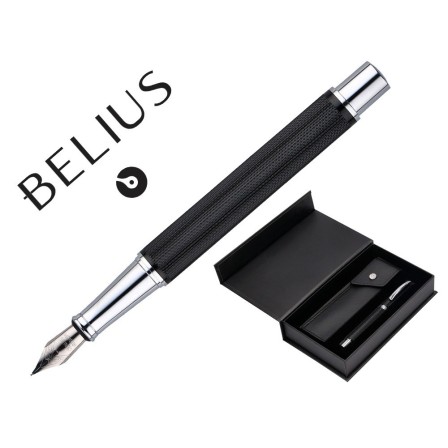 PLUMA Y ESTUCHE BELIUS TURBO ALUMINIO TEXTURA PUNTEADA COLOR NEGRO Y PLATEADO TINTA AZUL CAJA DE DISEÑO