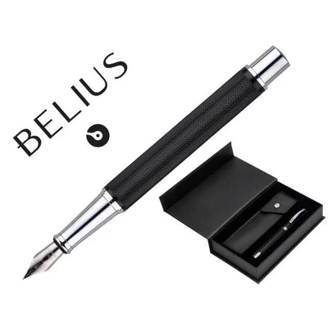PLUMA Y ESTUCHE BELIUS TURBO ALUMINIO TEXTURA PUNTEADA COLOR NEGRO Y PLATEADO TINTA AZUL CAJA DE DISEÑO
