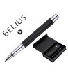 PLUMA Y ESTUCHE BELIUS TURBO ALUMINIO TEXTURA PUNTEADA COLOR NEGRO Y PLATEADO TINTA AZUL CAJA DE DISEÑO