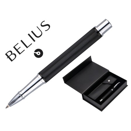 ROLLER Y ESTUCHE BELIUS TURBO ALUMINIO TEXTURA PUNTEADA NEGRO PLATEADO TINTA AZUL CAJA DE DISEÑO