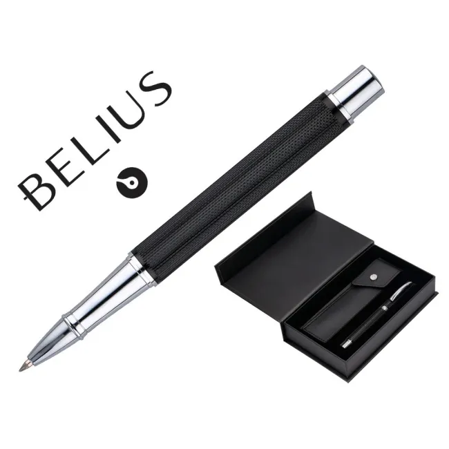 ROLLER Y ESTUCHE BELIUS TURBO ALUMINIO TEXTURA PUNTEADA NEGRO PLATEADO TINTA AZUL CAJA DE DISEÑO