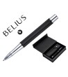 ROLLER Y ESTUCHE BELIUS TURBO ALUMINIO TEXTURA PUNTEADA NEGRO PLATEADO TINTA AZUL CAJA DE DISEÑO