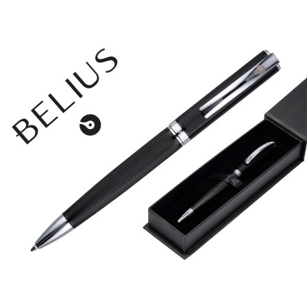 BOLIGRAFO BELIUS TURBO ALUMINIO TEXTURA PUNTEADA COLOR NEGRO Y PLATEADO TINTA AZUL CAJA DE DISEÑO